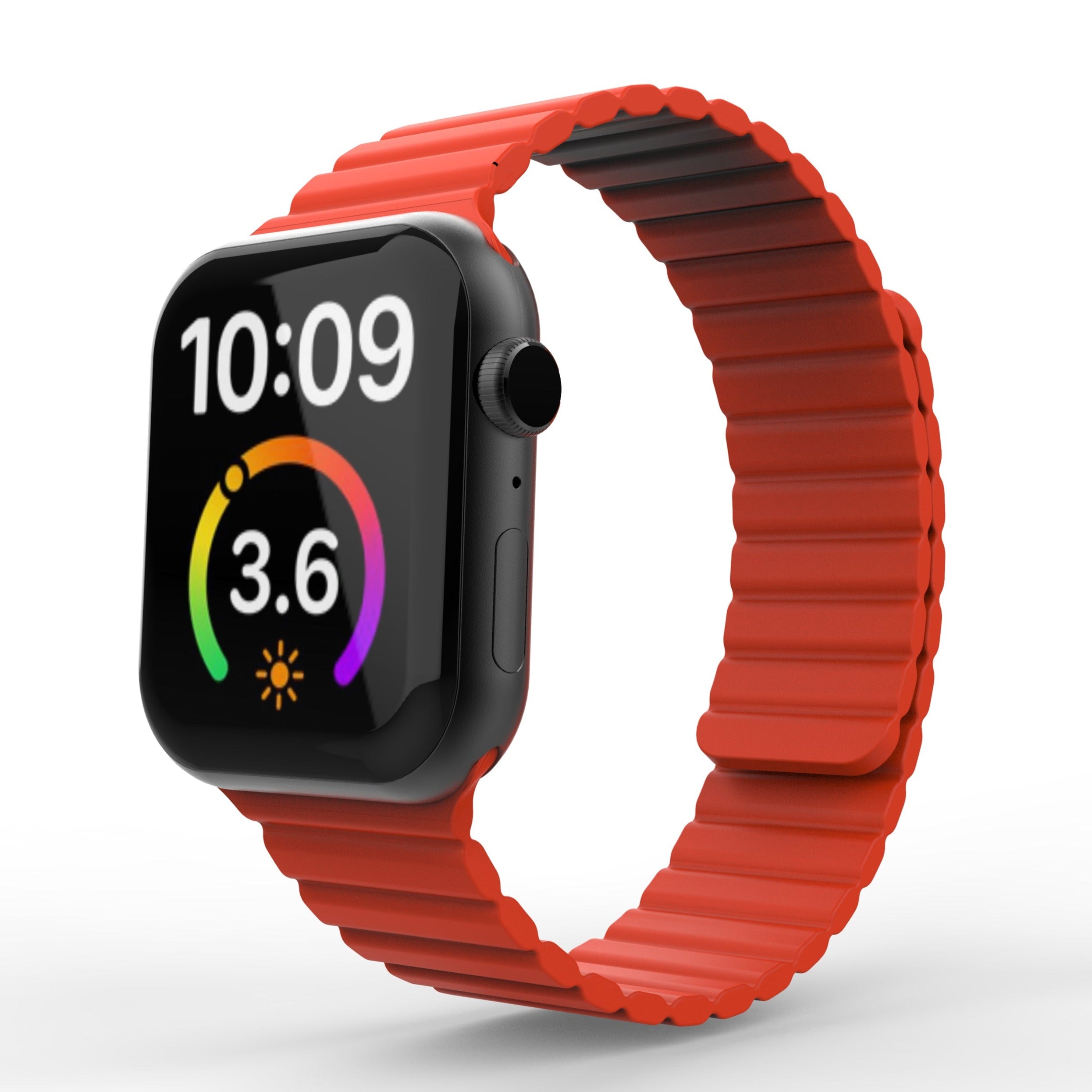 Black smartwatch with red magnetic silicone loop band displaying time and fitness metrics on screen