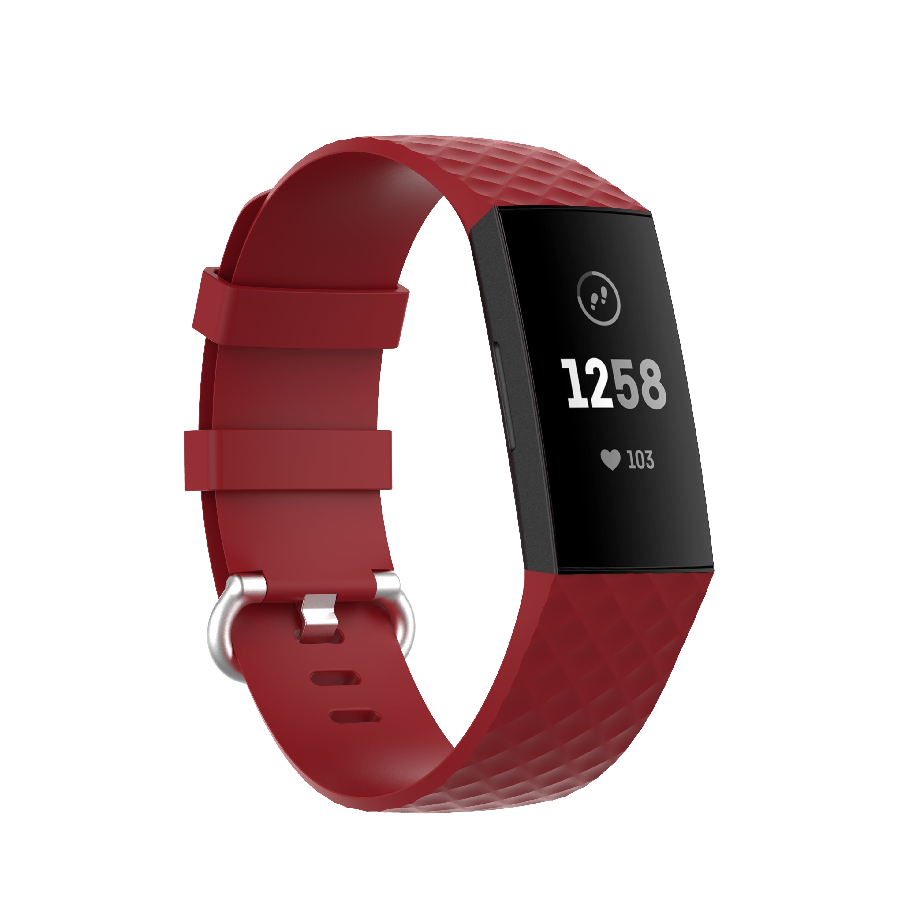 Red silicone band fitness tracker with black display showing 1258 steps and heart rate monitor