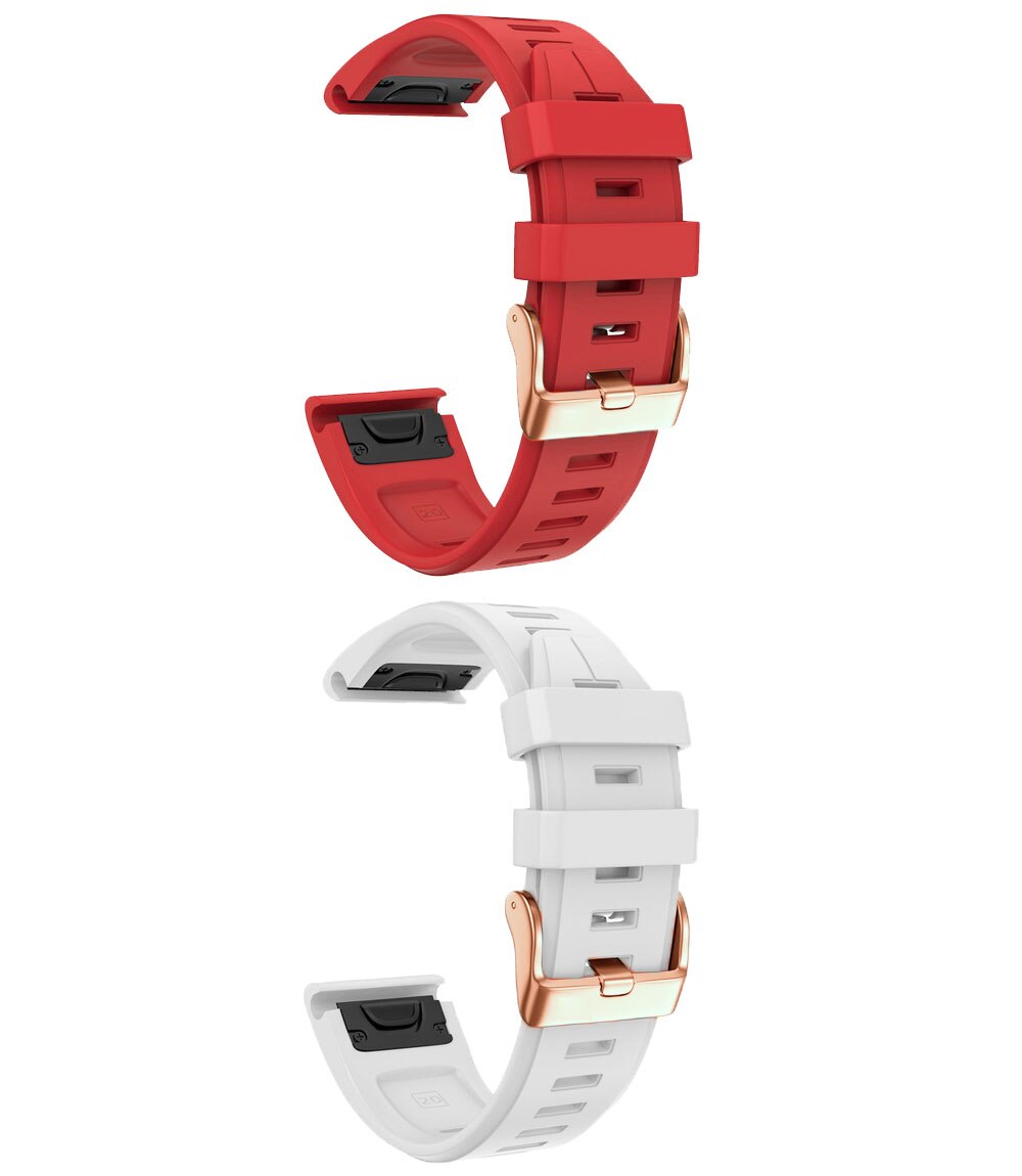 Red and white silicone quickfit watch bands with rose gold hardware and quick-release pins for smartwatch straps