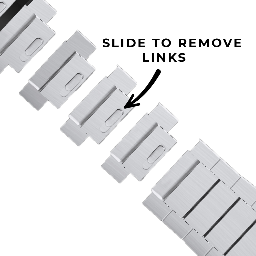 Silver quick release bracelet links with slide removal mechanism and instruction arrow
