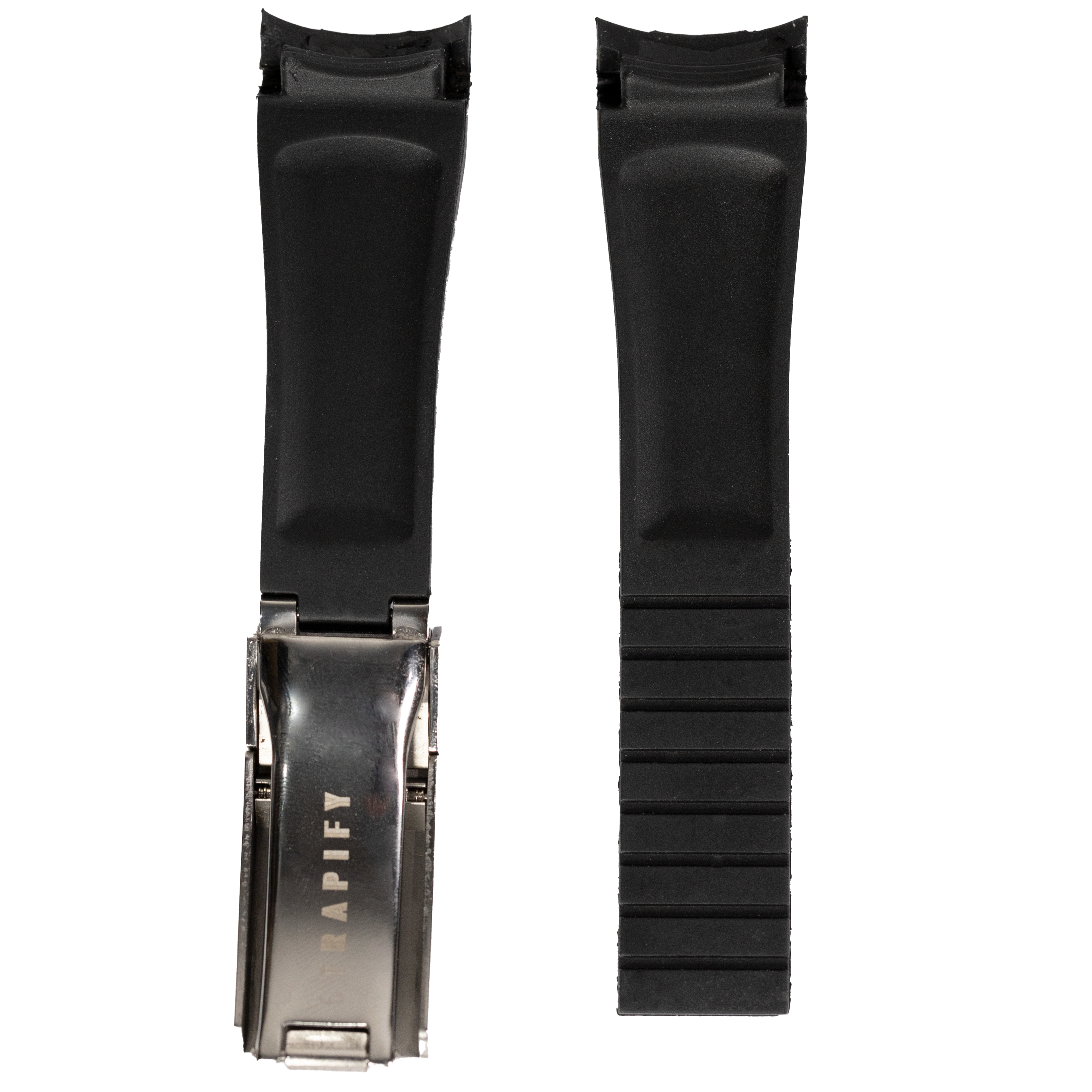 Black vulcanised rubber watch strap with Oyster clasp for Rolex, front and back view