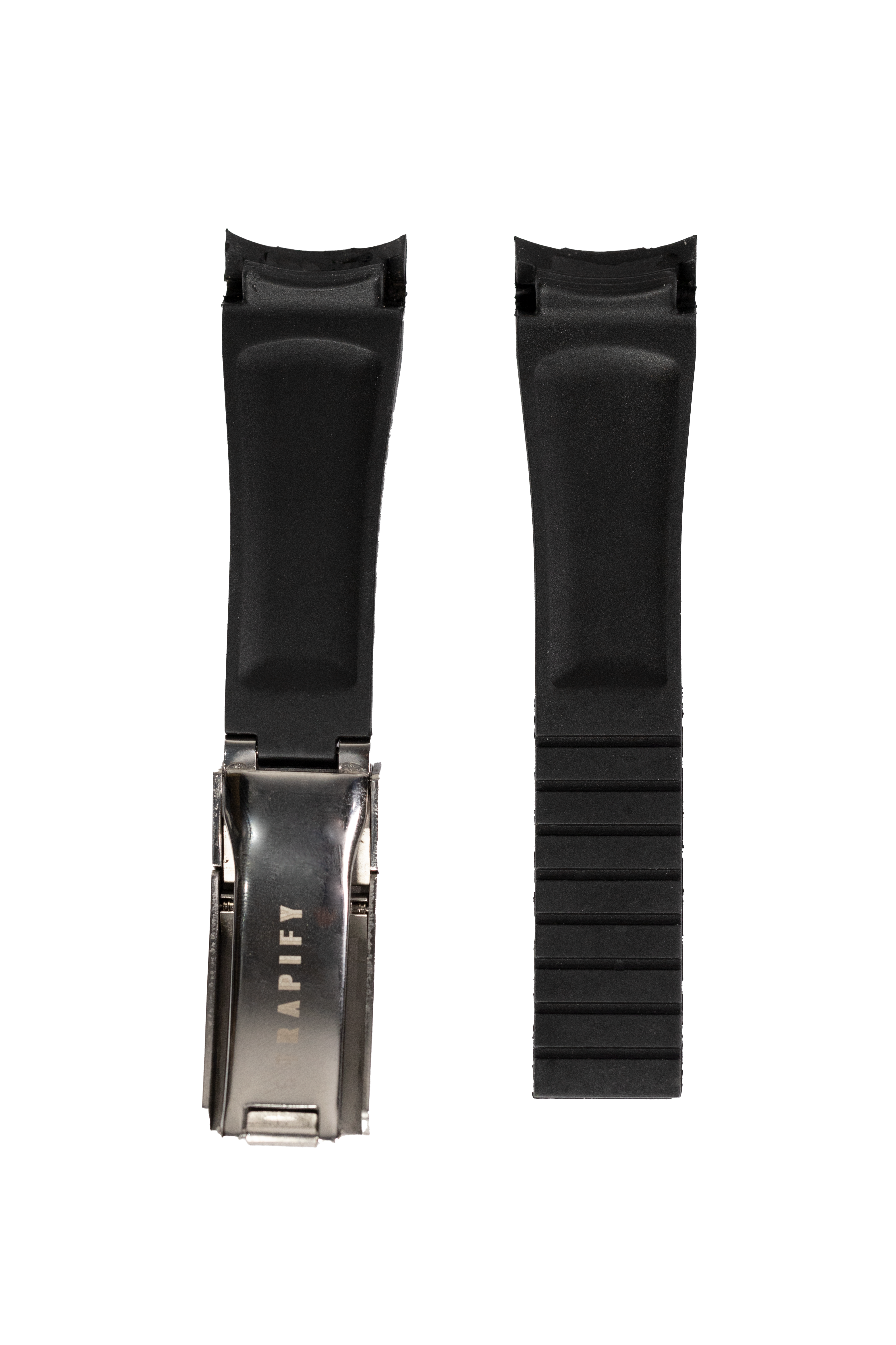Black vulcanised rubber watch strap with metal oyster clasp for Seiko Alpinist, front and back view