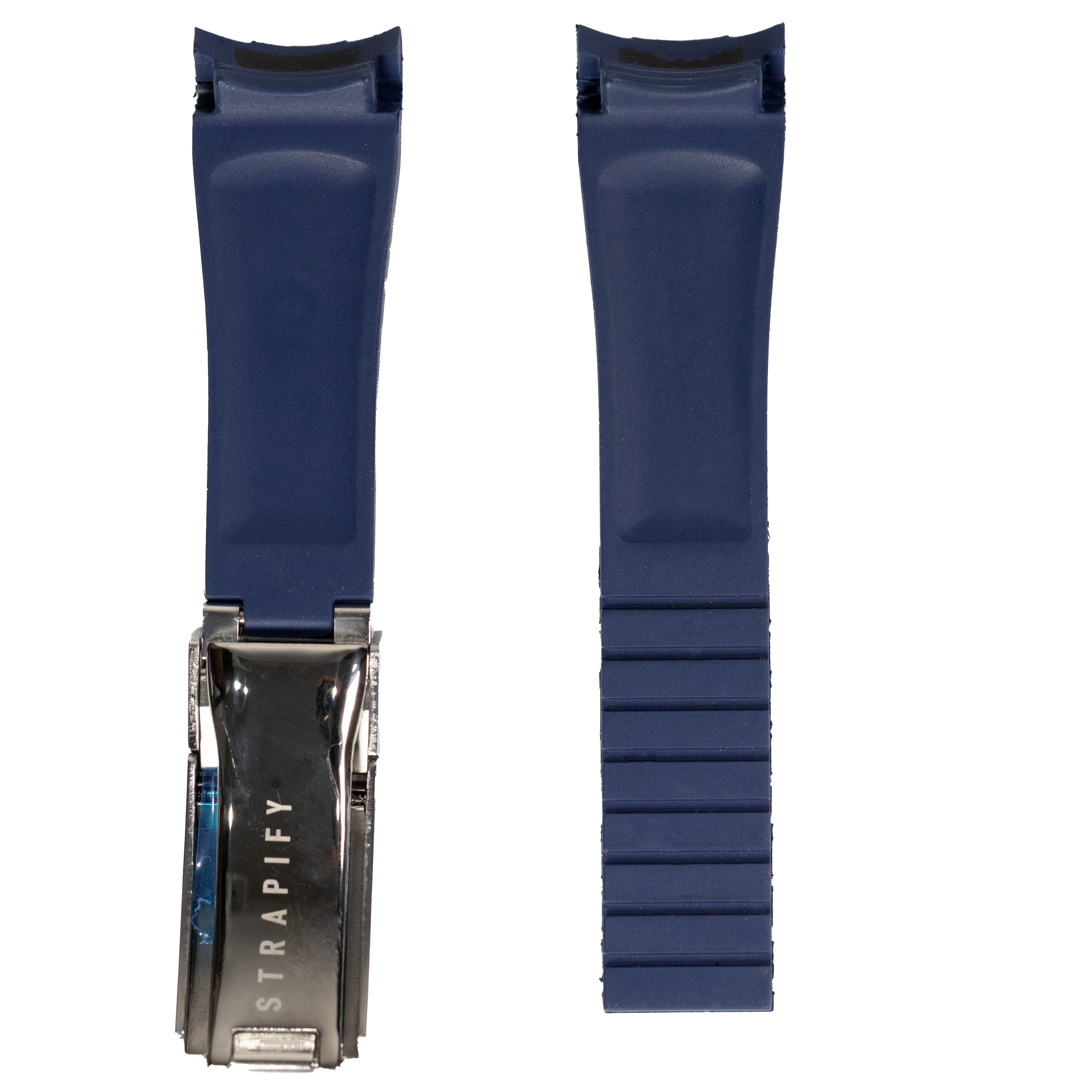 Navy blue rubber watch strap with metal Oyster clasp and deployment buckle for Rolex watches