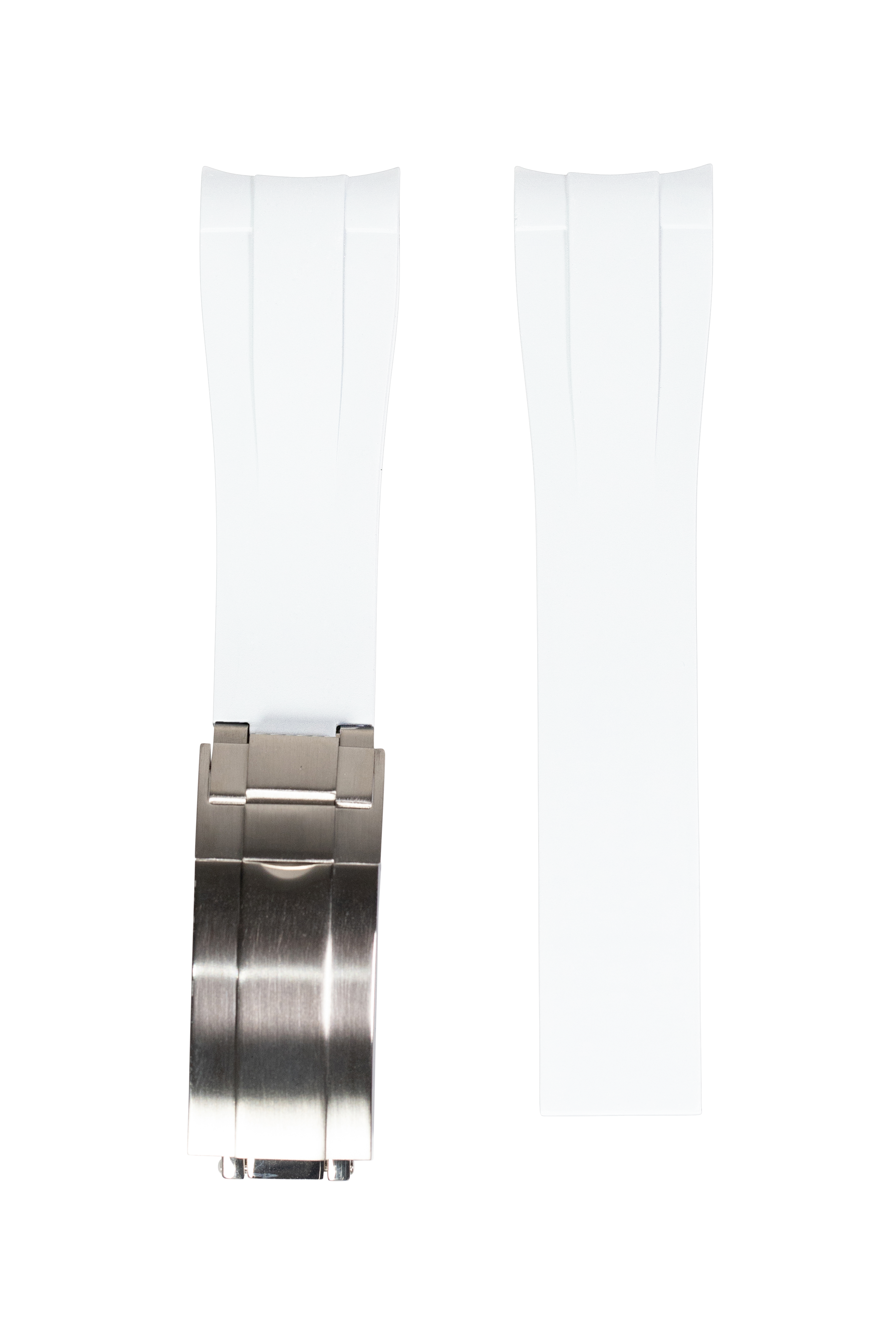 White vulcanised rubber watch strap with brushed stainless steel oyster clasp and deployment buckle