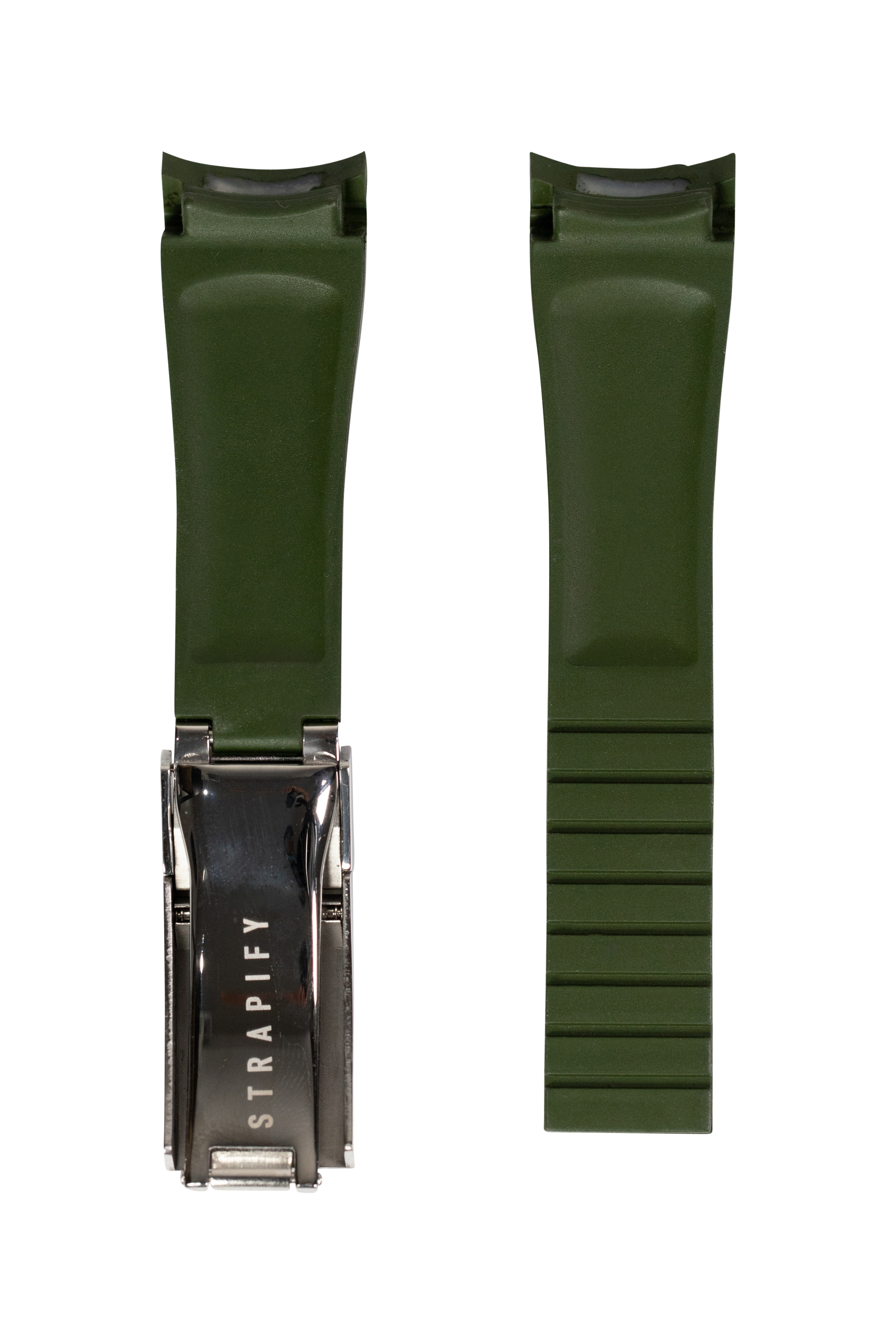 Olive green vulcanised rubber watch strap with metal oyster clasp and textile keeper loop, displayed front and back view