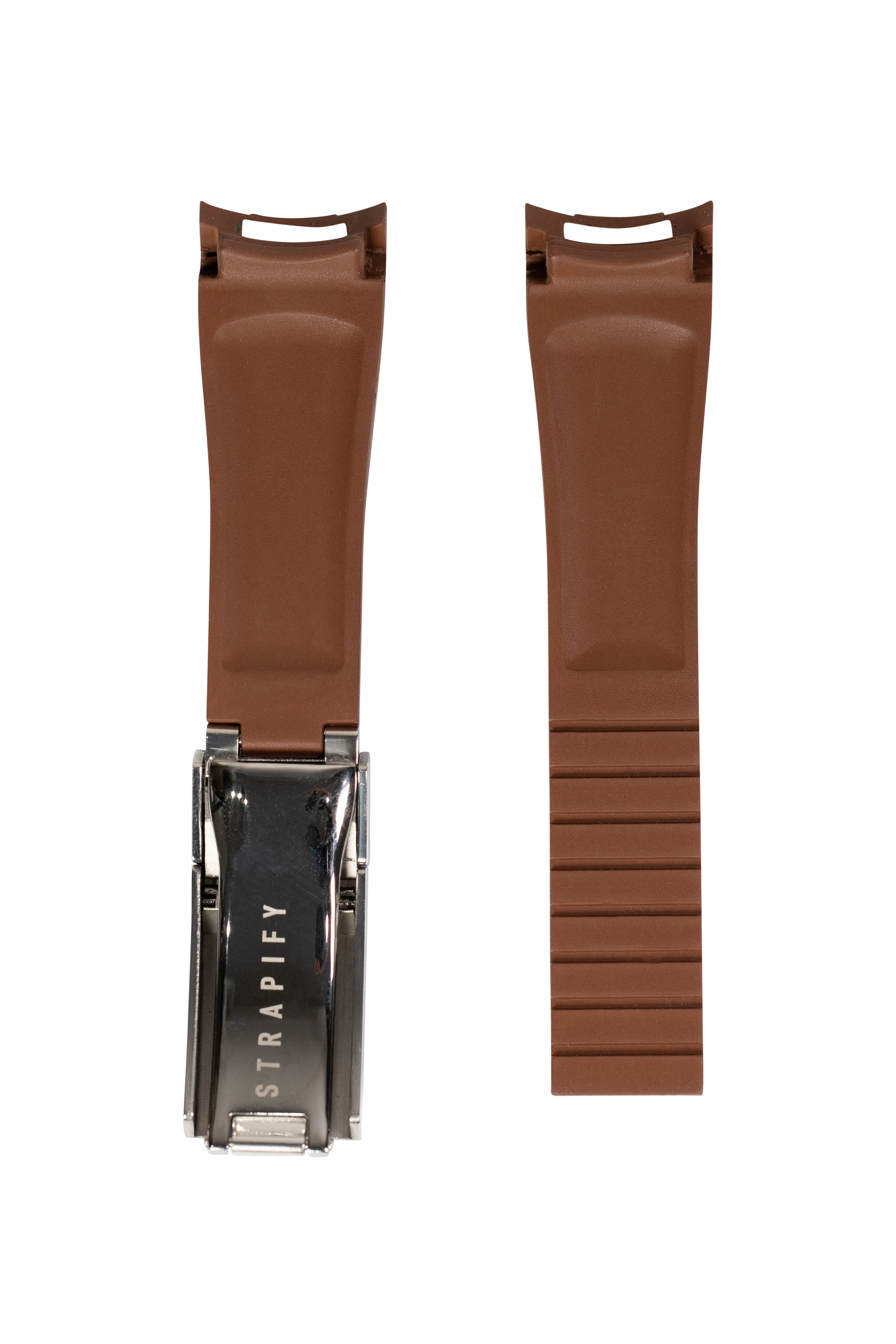 Brown rubber watch strap with Oyster clasp and deployant buckle for Swatch timepieces