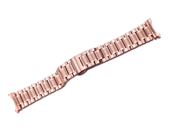 Rose gold stainless steel curved watch bracelet with solid link construction and fold-over clasp