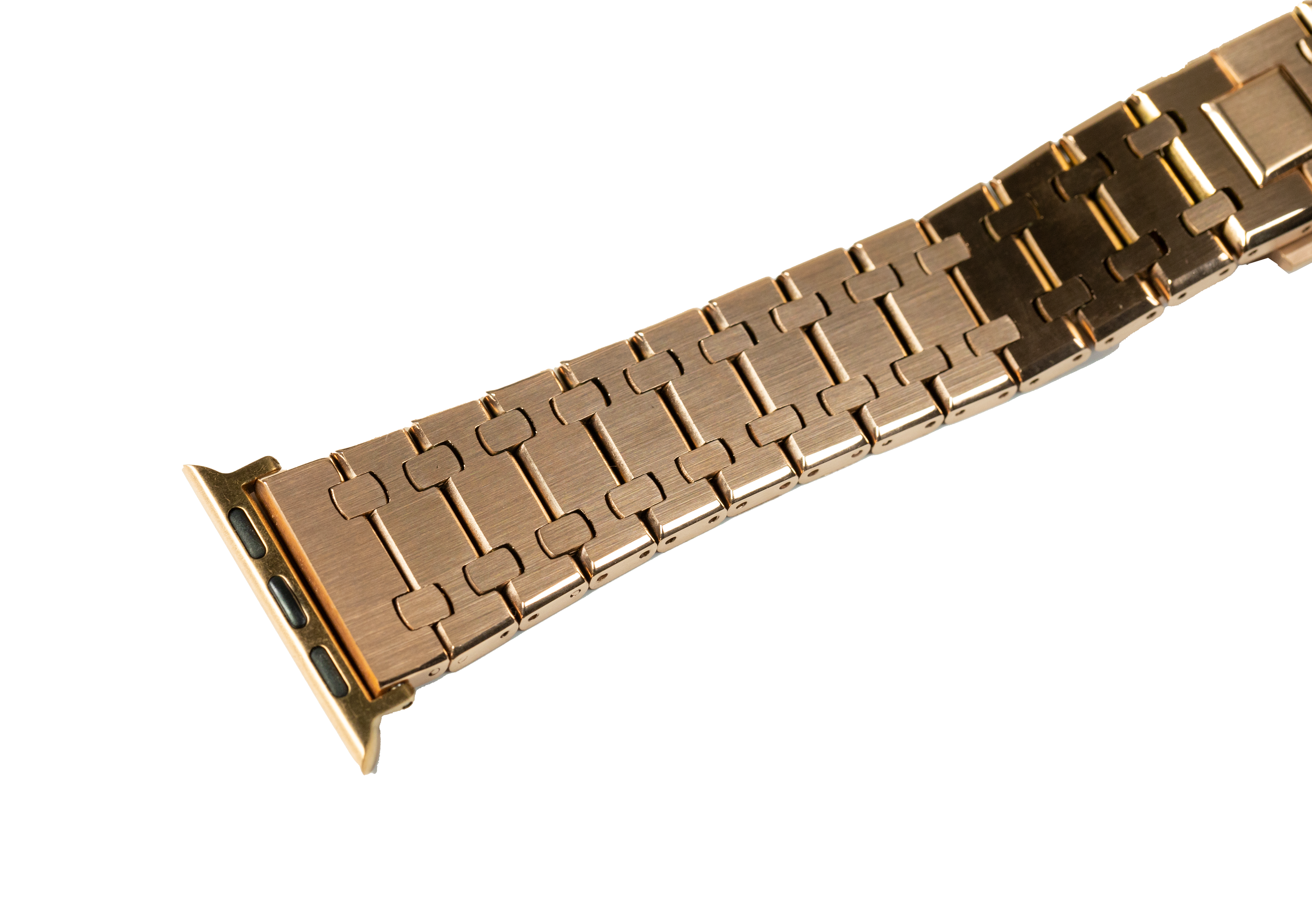 Rose gold stainless steel medallion bracelet for Apple Watch with polished links and connector lugs