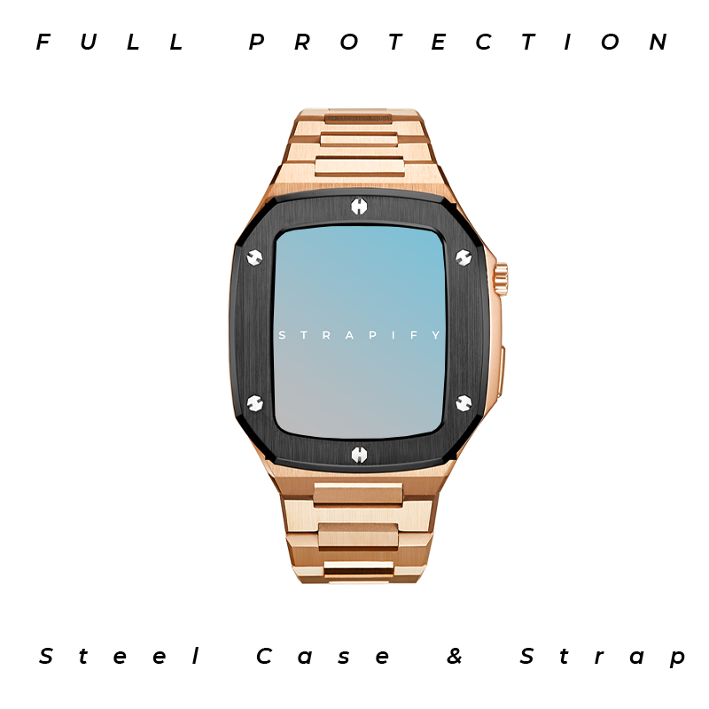 Rose gold stainless steel Apple Watch with black bezel case and matching metal bracelet band, front view display