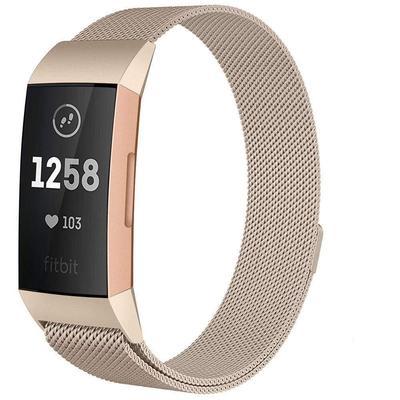Fitbit Charge 2 fitness tracker with rose gold case and champagne Milanese mesh band displaying time and heart rate