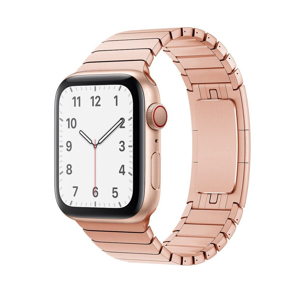 Rose gold stainless steel smartwatch with link bracelet band and white analog clock face