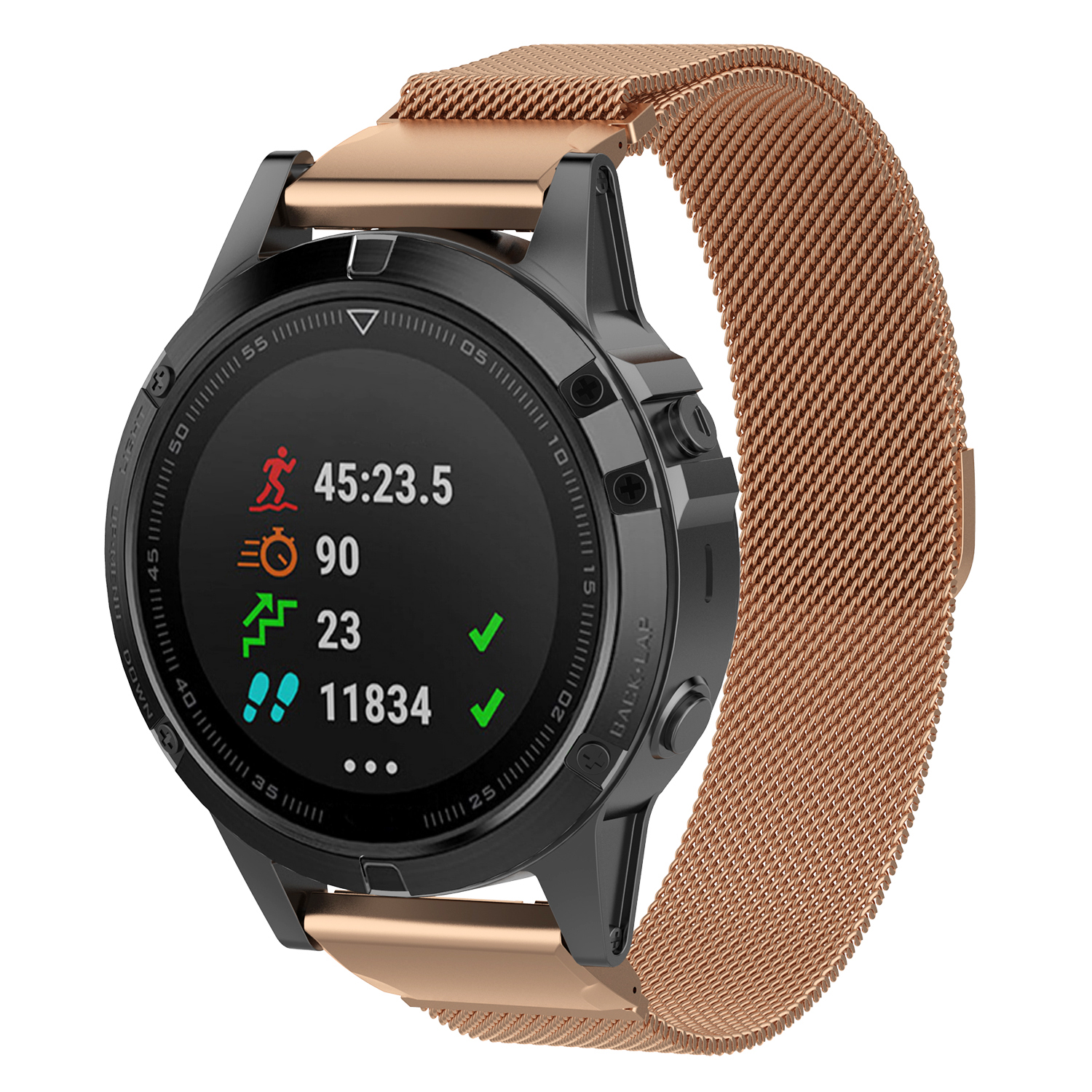Black sports smartwatch with rose gold Milanese mesh band displaying fitness metrics and workout data