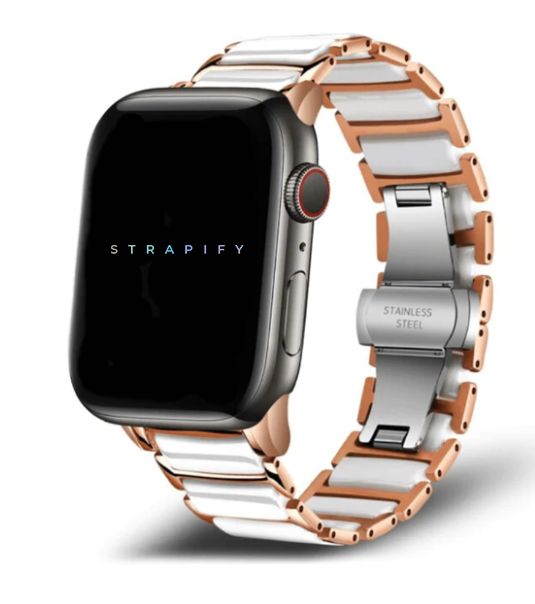 Smartwatch with ceramic steel bracelet in rose gold and white, stainless steel clasp, featuring black display