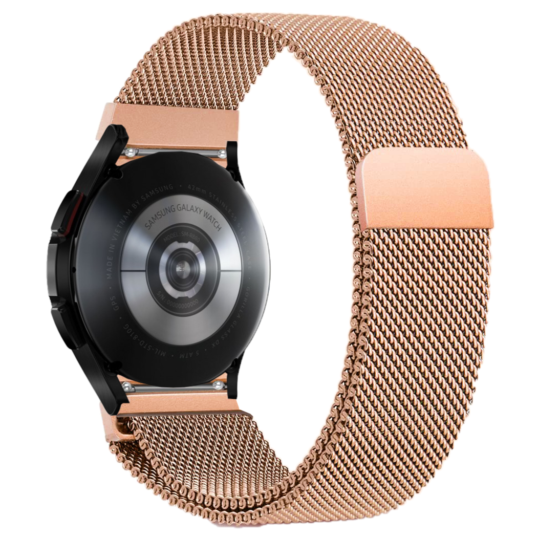 Samsung Galaxy Watch rose gold Milanese mesh band with magnetic clasp and black watch face