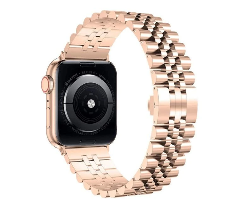 Rose gold stainless steel Jubilee bracelet smartwatch band with layered metal links and integrated clasp