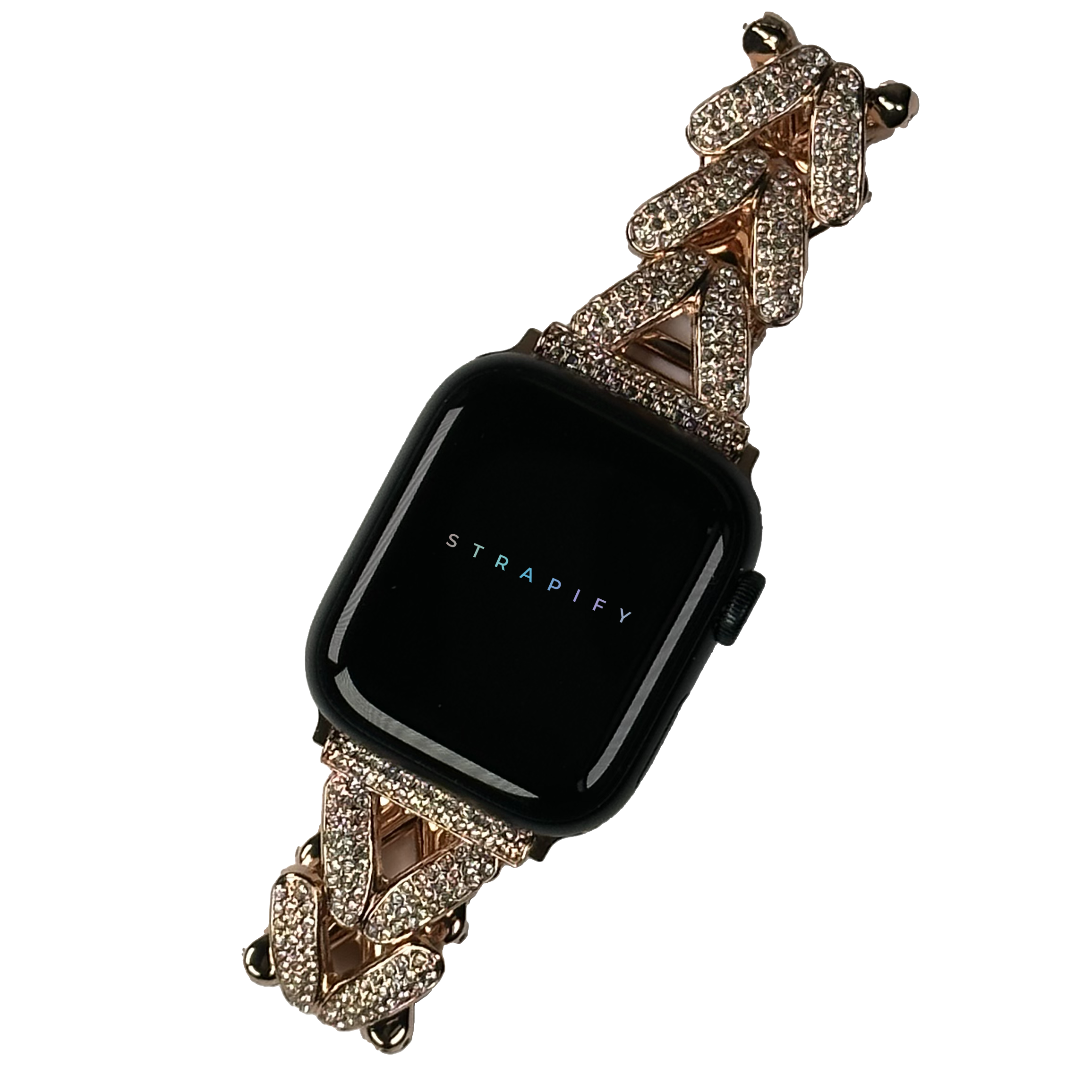 Gold crystal V-Link Shimmer smartwatch bracelet with black square face display and diamond-studded chain links