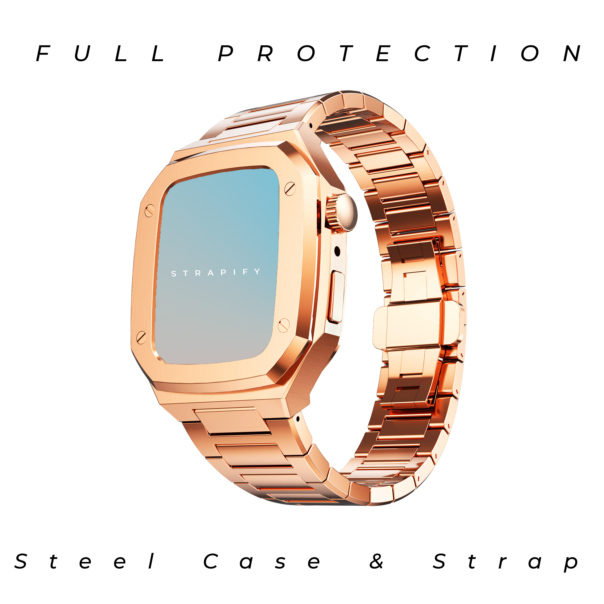 Rose gold steel Apple Watch case and matching metal bracelet strap with light blue display