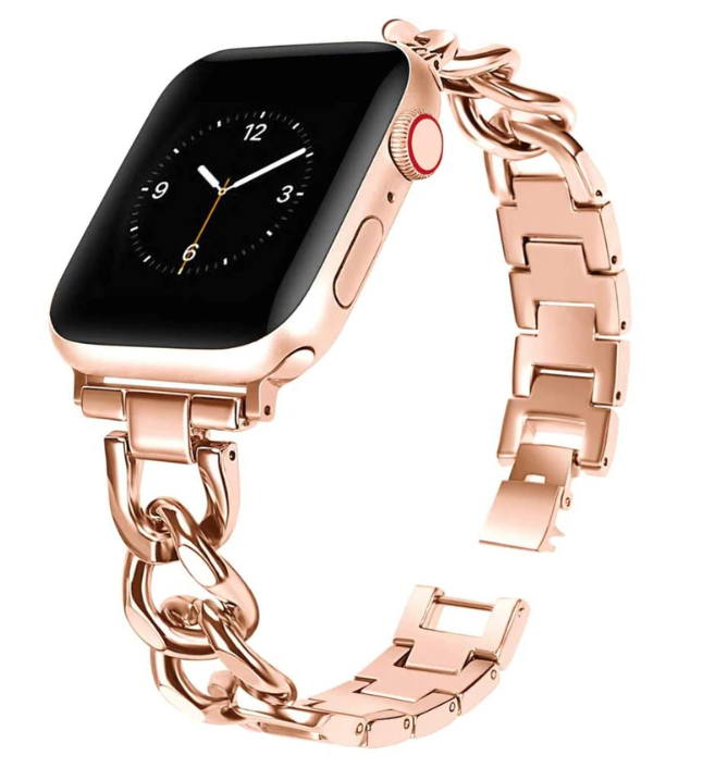 Rose gold stainless steel chain link bracelet band for smartwatch with decorative charms and secure clasp closure