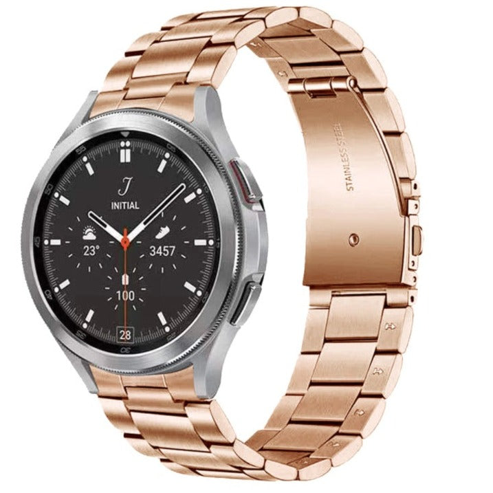 Smartwatch with rose gold stainless steel bracelet band and black chronograph dial displaying time and fitness metrics
