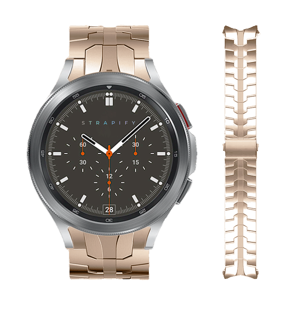 Strapify rose gold steel bracelet for Galaxy Watch 4-7 with fitted armor design and secure clasp closure