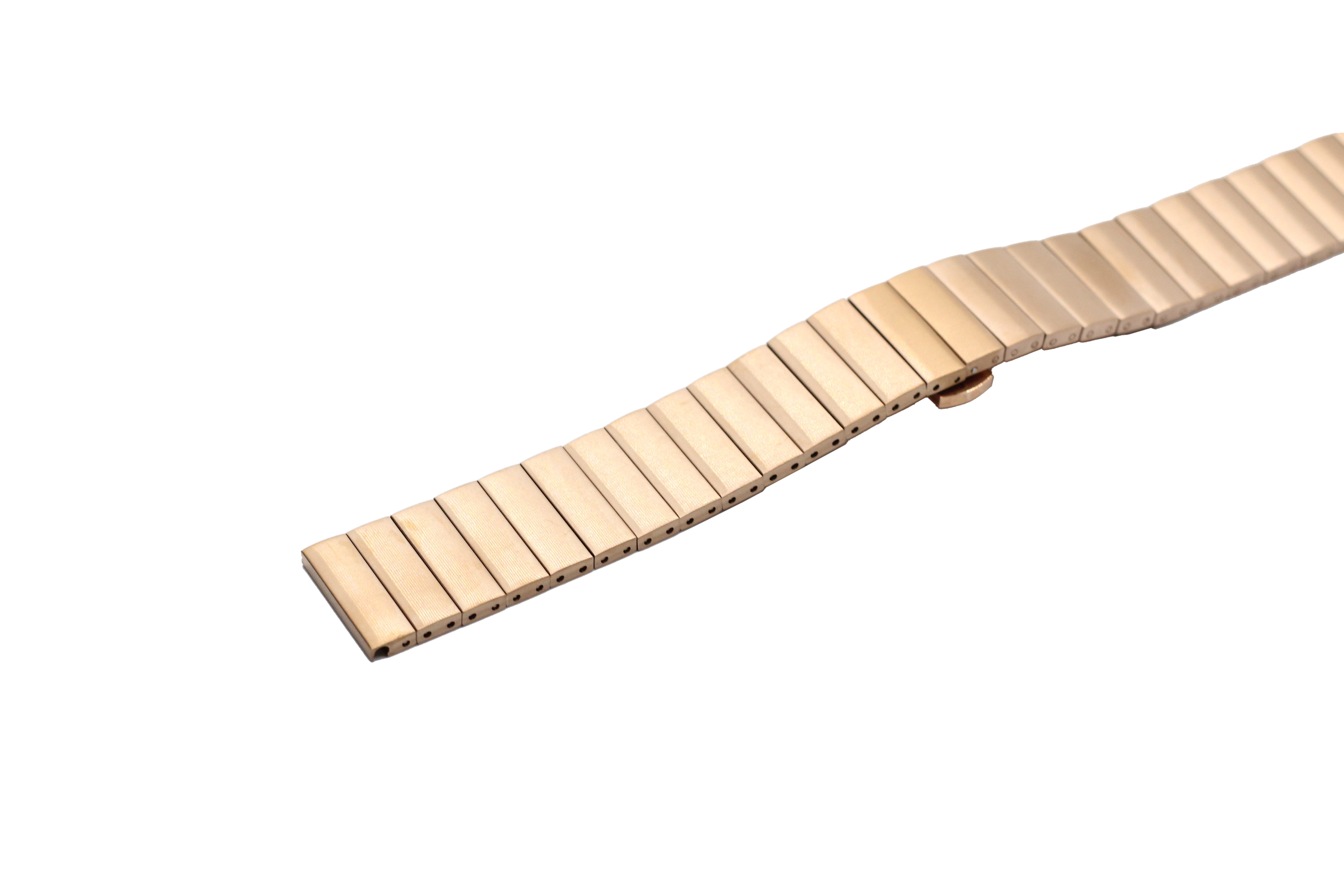 Rose gold steel bracelet with quick release deployment clasp and segmented links against white background