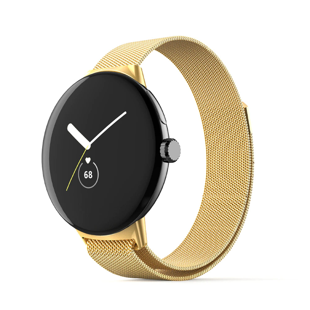 Gold stainless steel smartwatch with black round dial, white hands, and magnetic mesh band with heart rate monitor display
