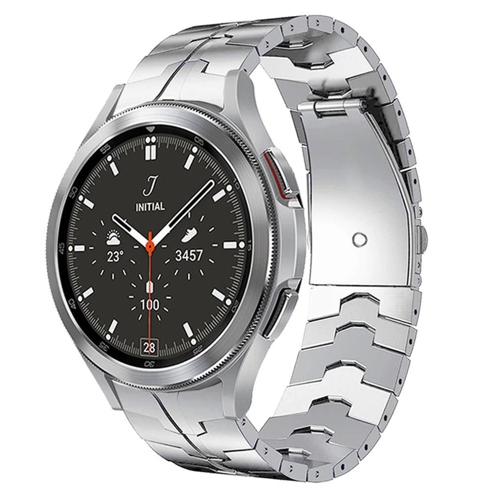 Silver stainless steel fitted bracelet for Galaxy Watch 4-7, Armour design with chunky links displayed on smartwatch with black chronograph dial