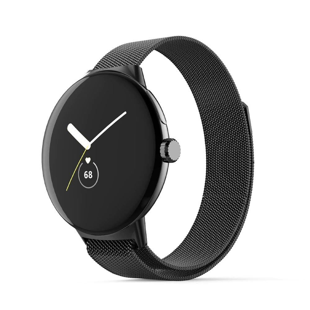 Black Google Pixel smartwatch with minimalist dial, white hands, heart rate monitor display, and magnetic mesh band