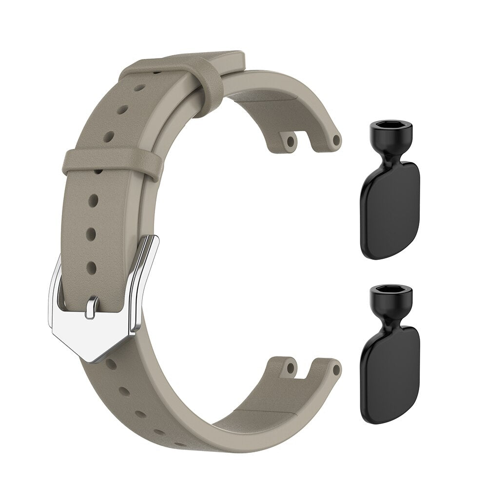 Garmin Lily smartwatch khaki leather band with silver buckle and two black lens protector caps