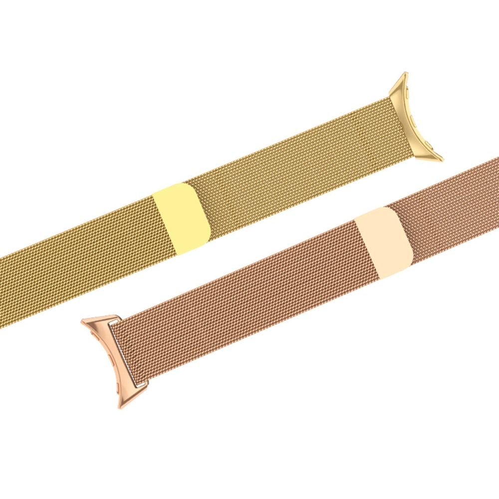Gold and rose gold magnetic Milanese loop smartwatch bands with color-matched connectors and silicone spacers