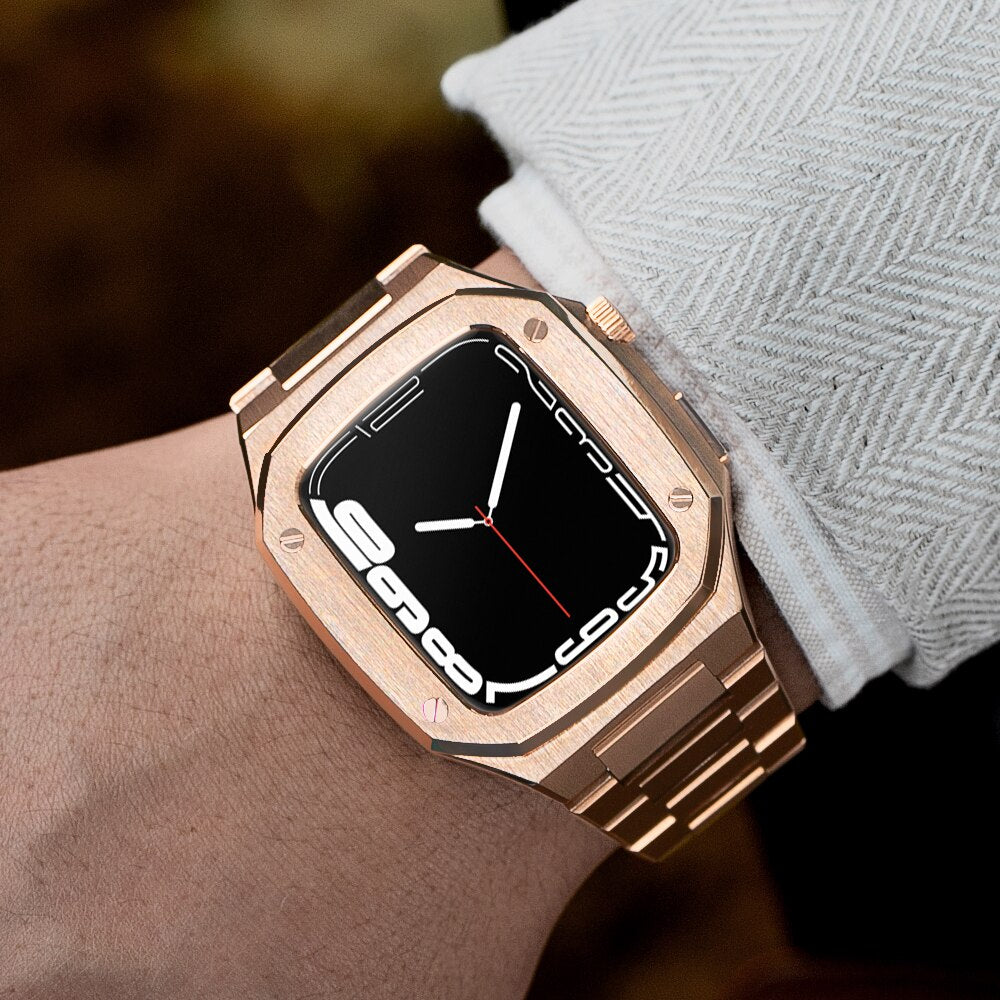 Rose gold stainless steel luxury smartwatch case and bracelet with black dial and white hands worn on wrist