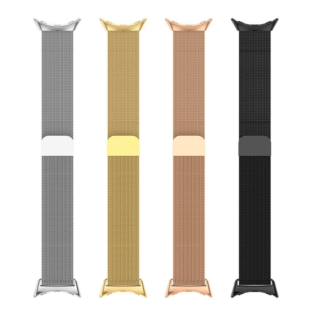 Four smartwatch metal mesh bands in silver, gold, rose gold, and black with magnetic closures and metal connectors