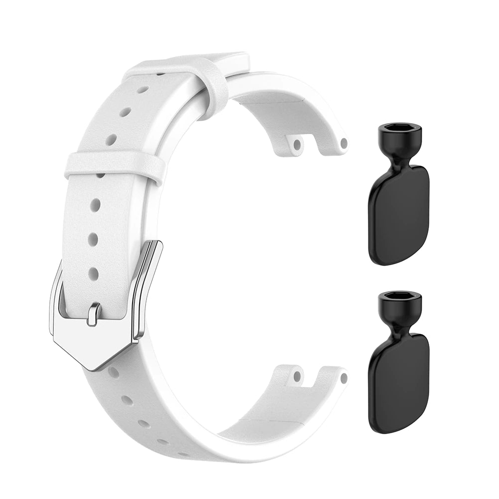 White silicone sports watch band with metal buckle and two black attachment caps for Garmin Lily smartwatch