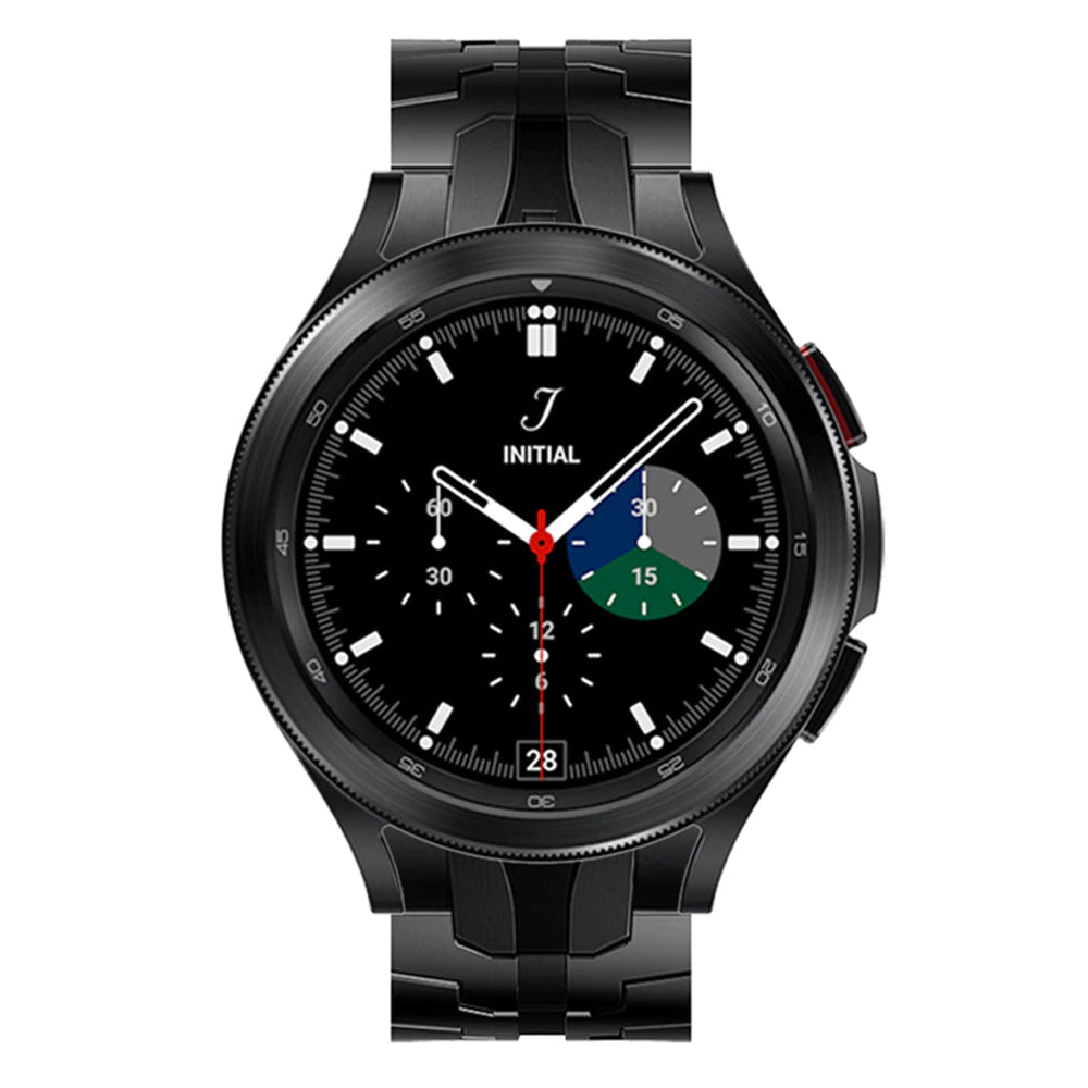 Black stainless steel smartwatch with chronograph subdials, white hour markers, and colorful bezel ring on matching metal bracelet band