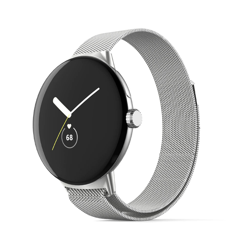 Sleek silver smartwatch with black round AMOLED display, magnetic mesh band, and minimalist watch face showing time and heart rate monitor