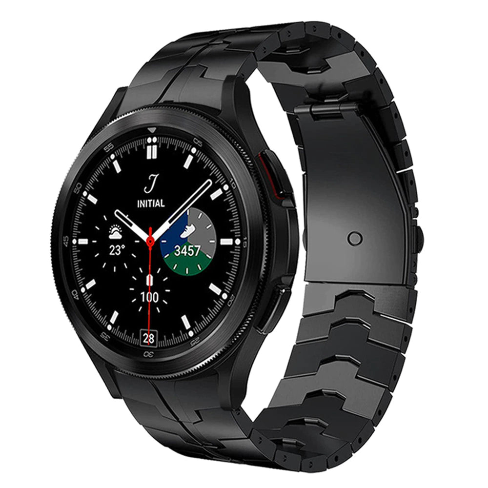 Black stainless steel bracelet for Galaxy Watch 4-7, featuring interlocking armor-style links with secure clasp closure