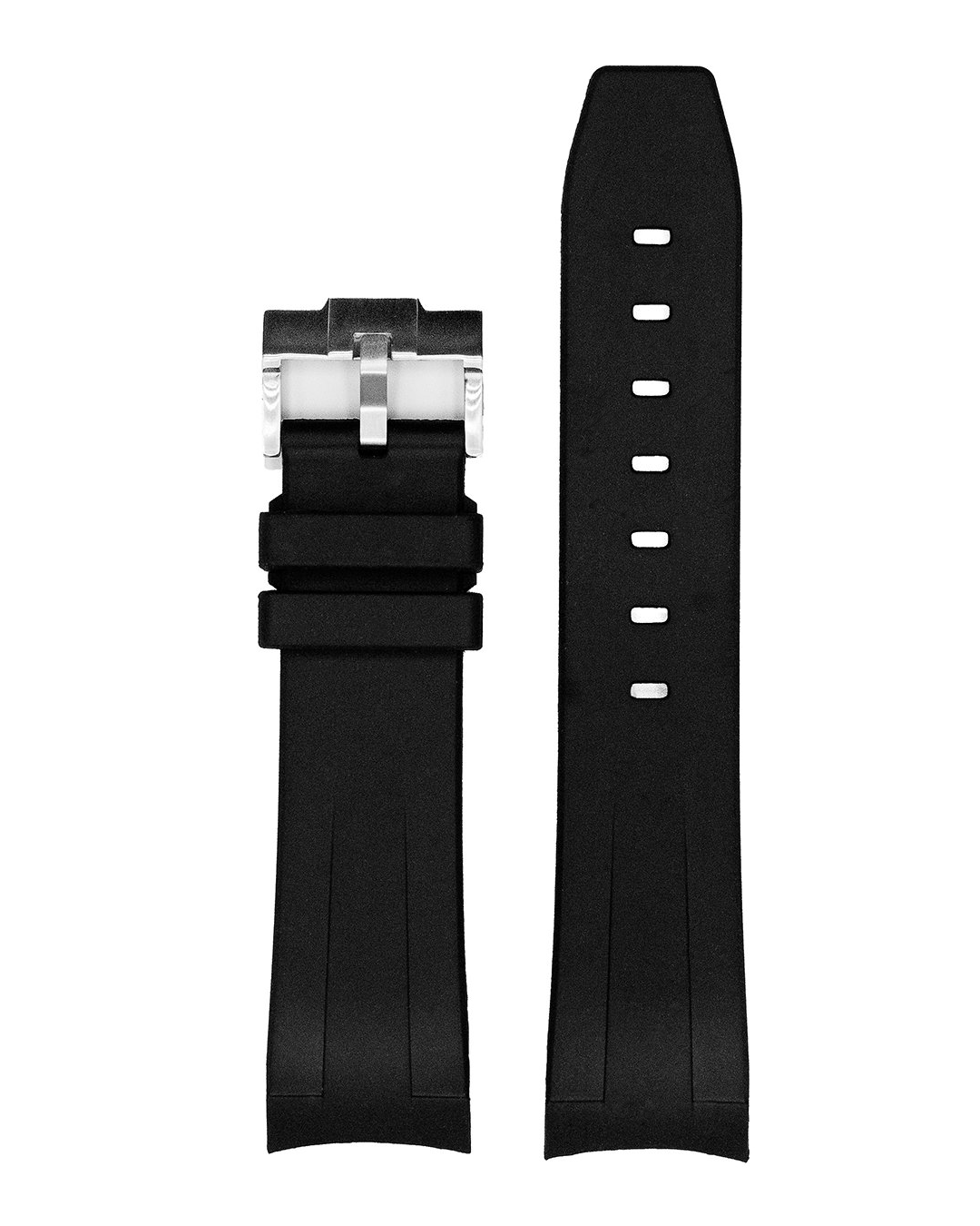 Black rubber watch band with stainless steel buckle, shown assembled and unassembled, for Seiko SKX diver watches