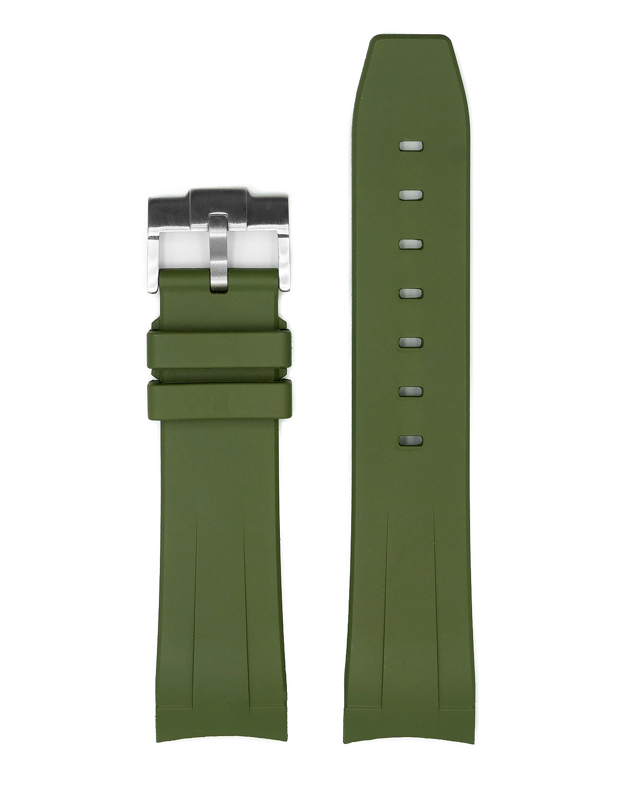 Olive green rubber watch strap with steel buckle for Seiko SKX diving watches, shown attached and flat lay