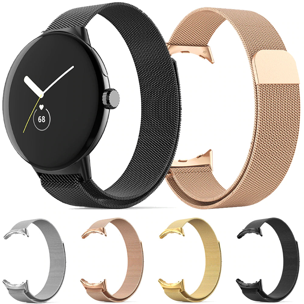 Google Pixel watch with black and rose gold magnetic mesh bands, showing health tracking display and four interchangeable band color options