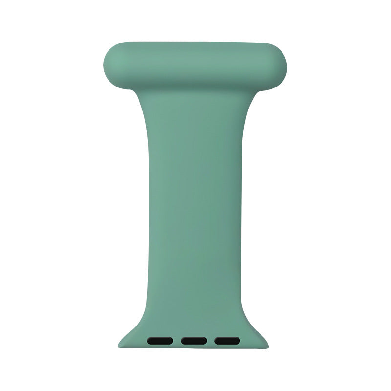 Teal silicone Apple Watch band connector with wide curved top and charging ports, professional job fob design