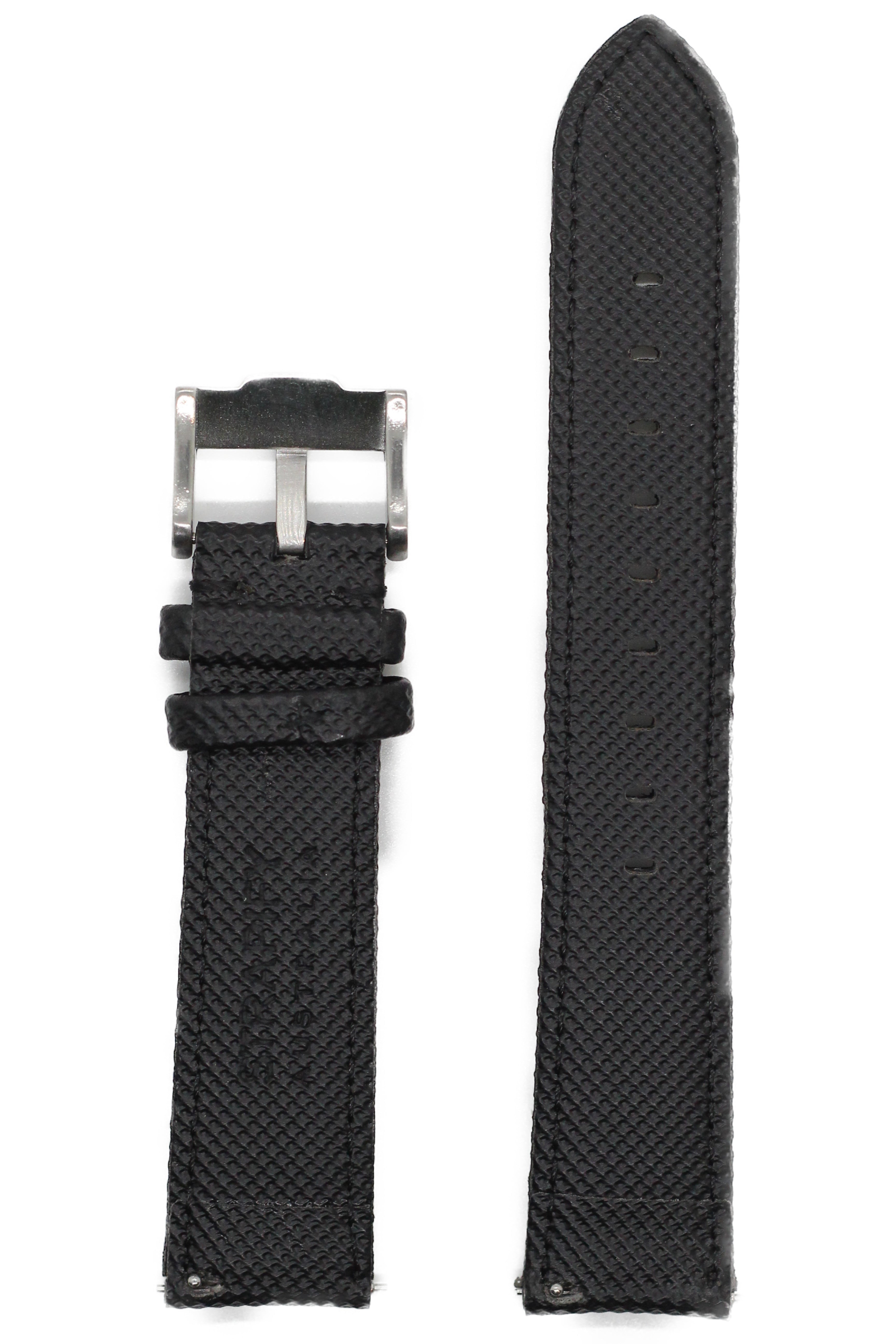 Black sailcloth quick release watch strap with stainless steel buckle, folded and extended view