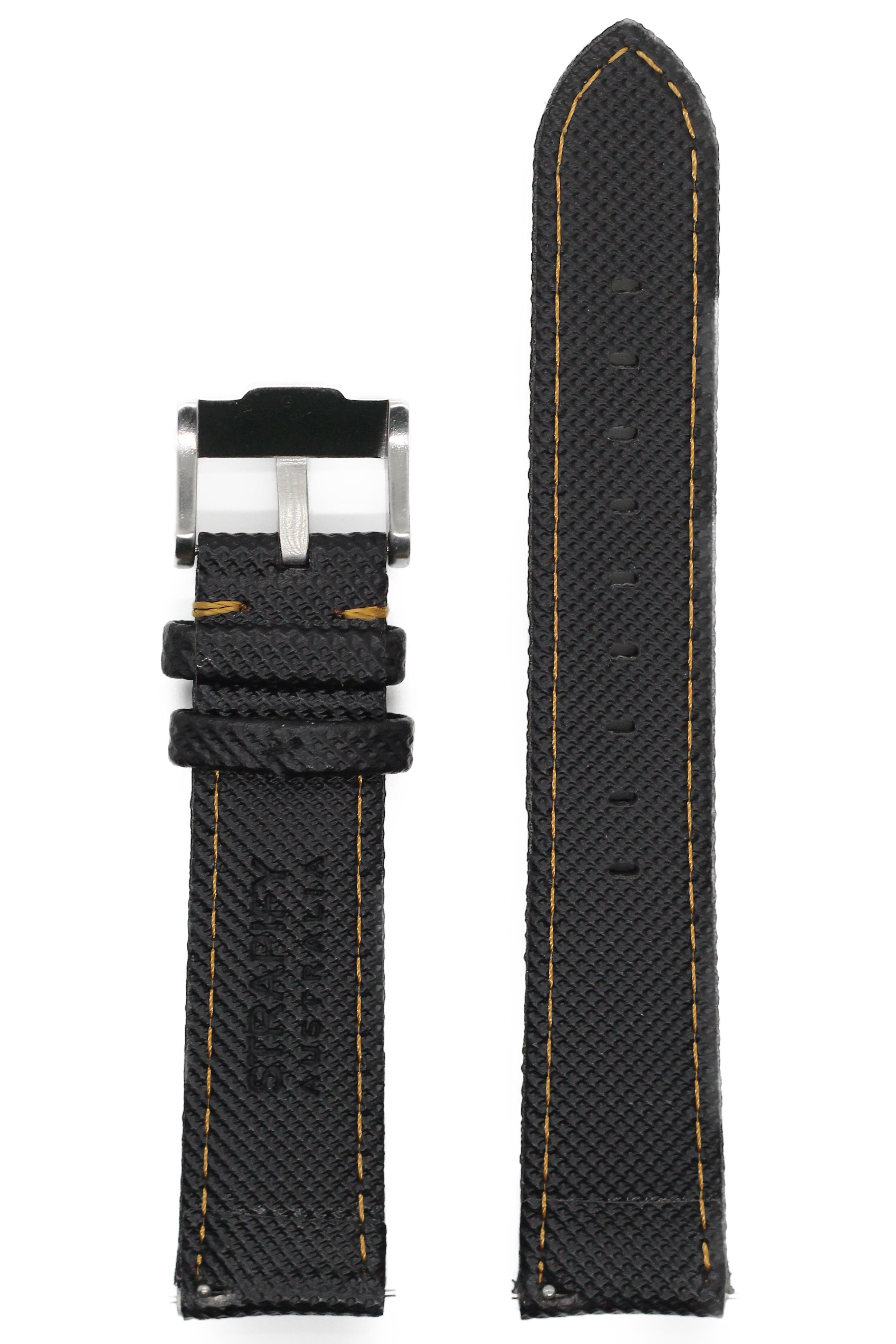 Black sailcloth quick release watch strap with gold stitching and stainless steel buckle