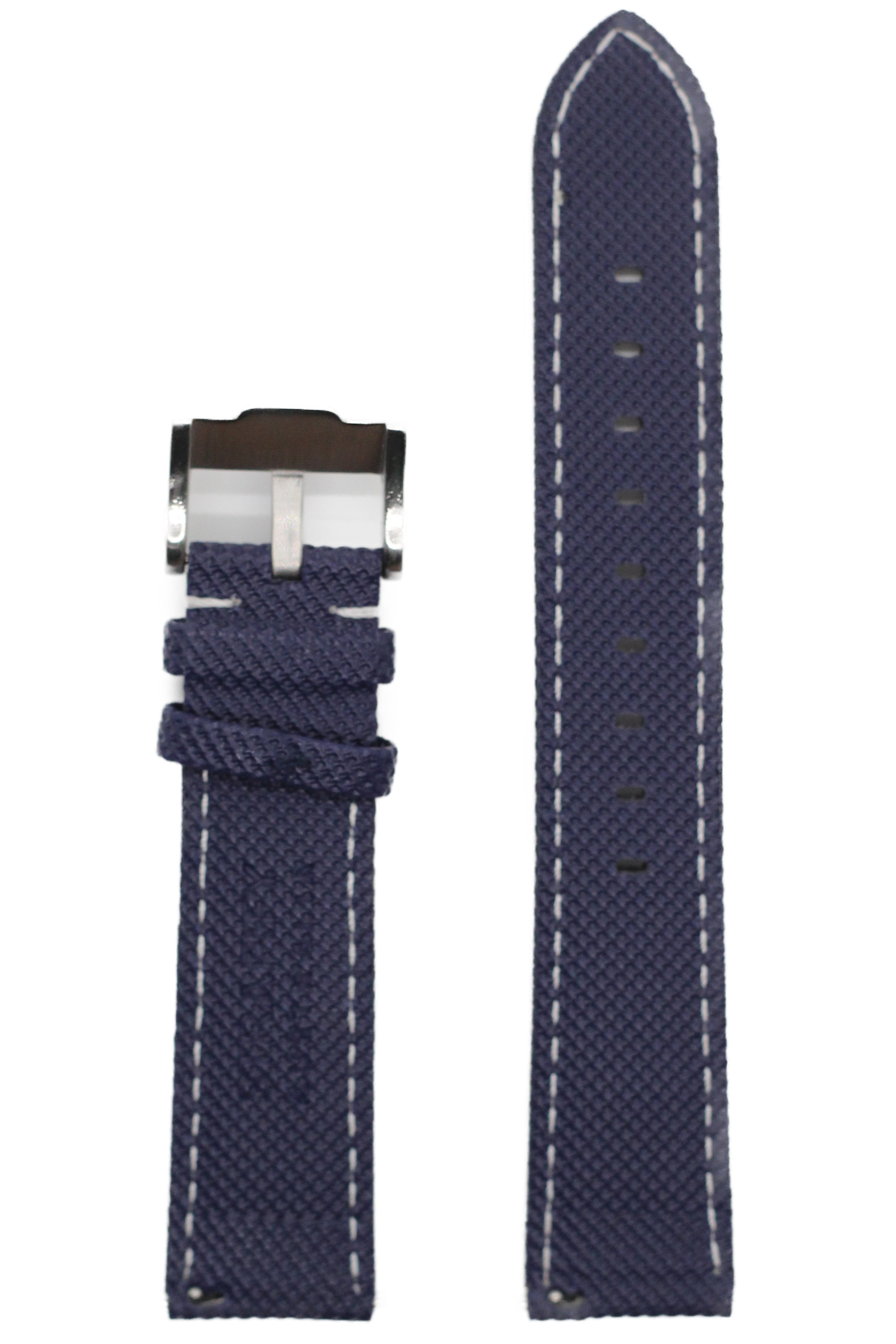 Navy blue sailcloth quick release watch band with white stitching and stainless steel buckle