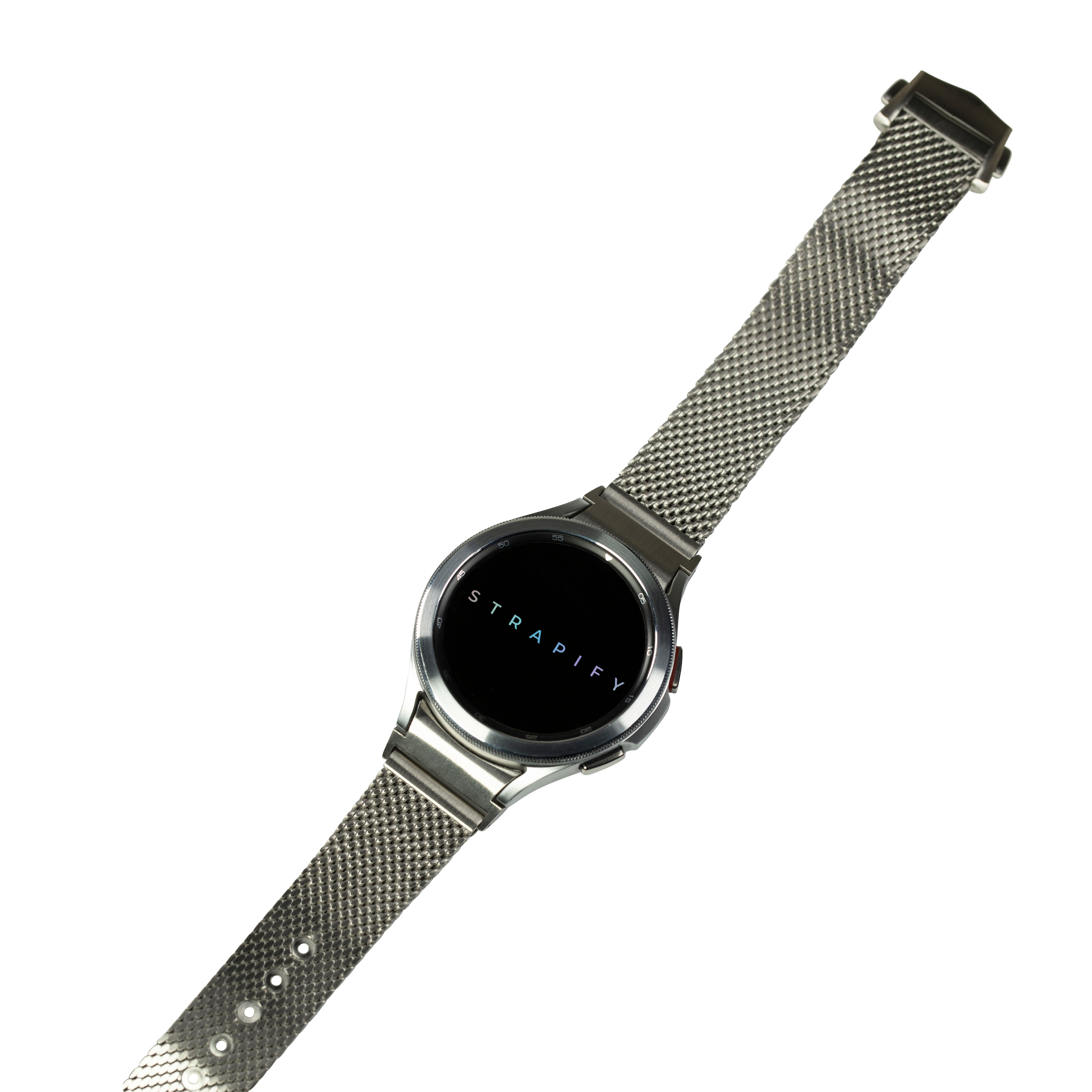 Silver stainless steel mesh watch bracelet with folding deployant clasp, 20mm width, featuring textured weave pattern and adjustable sizing holes