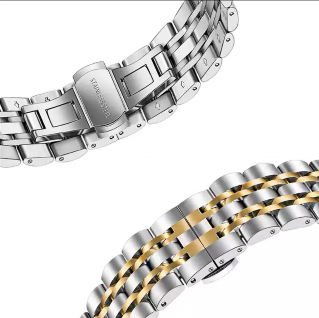 Stainless steel watch bracelet with quick release deployment clasp in silver and two-tone silver-gold finish