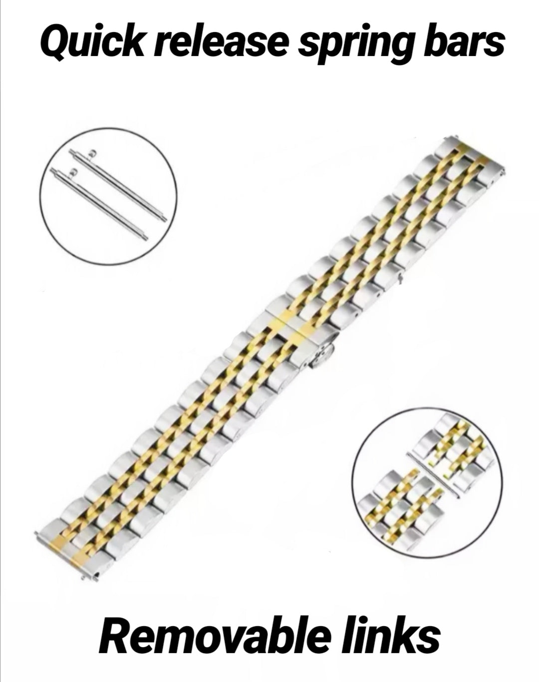 Two-tone silver and gold stainless steel watch bracelet with quick release spring bars and removable links
