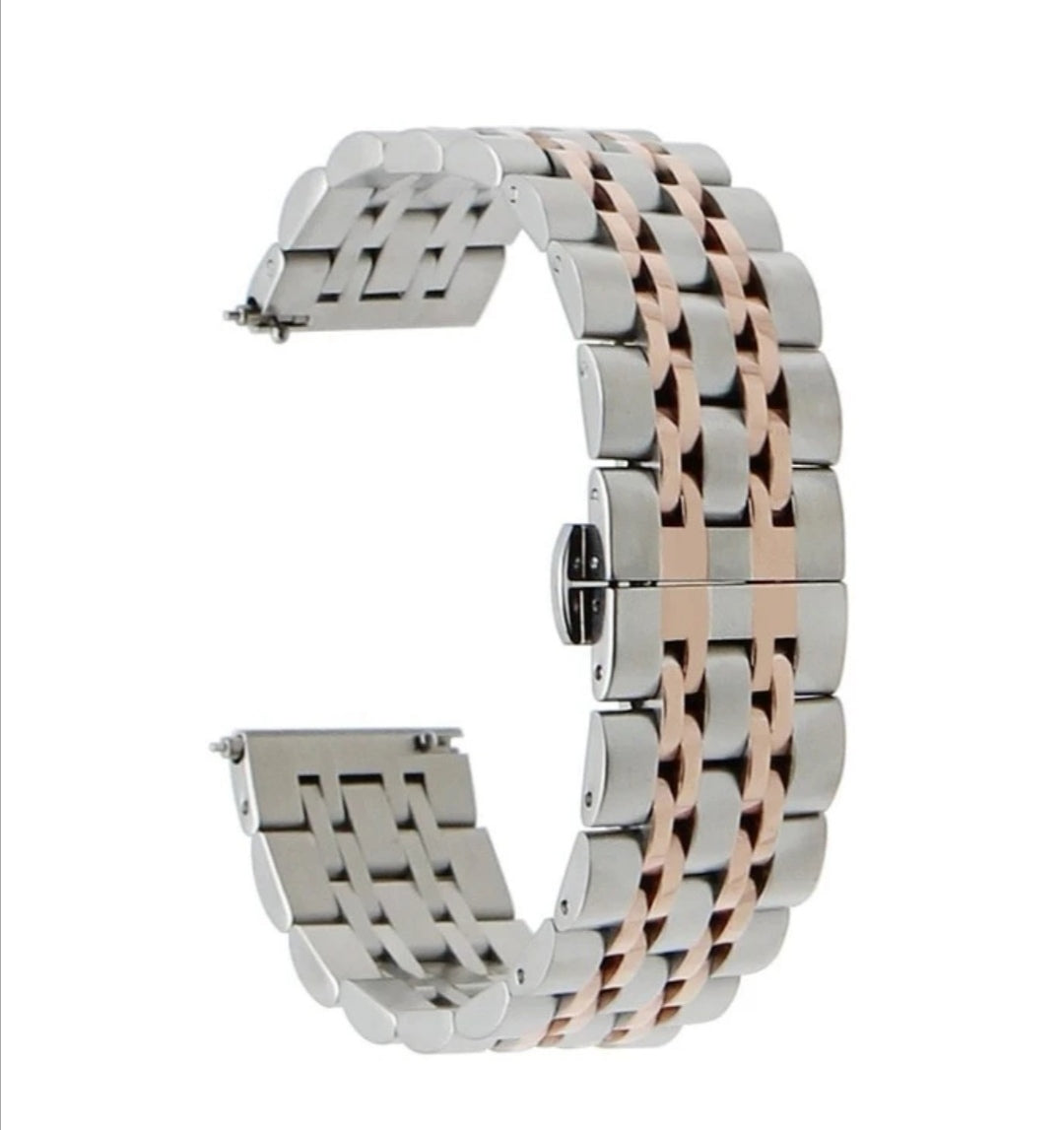 Two-tone silver and rose gold stainless steel watch bracelet with quick release deployment clasp mechanism