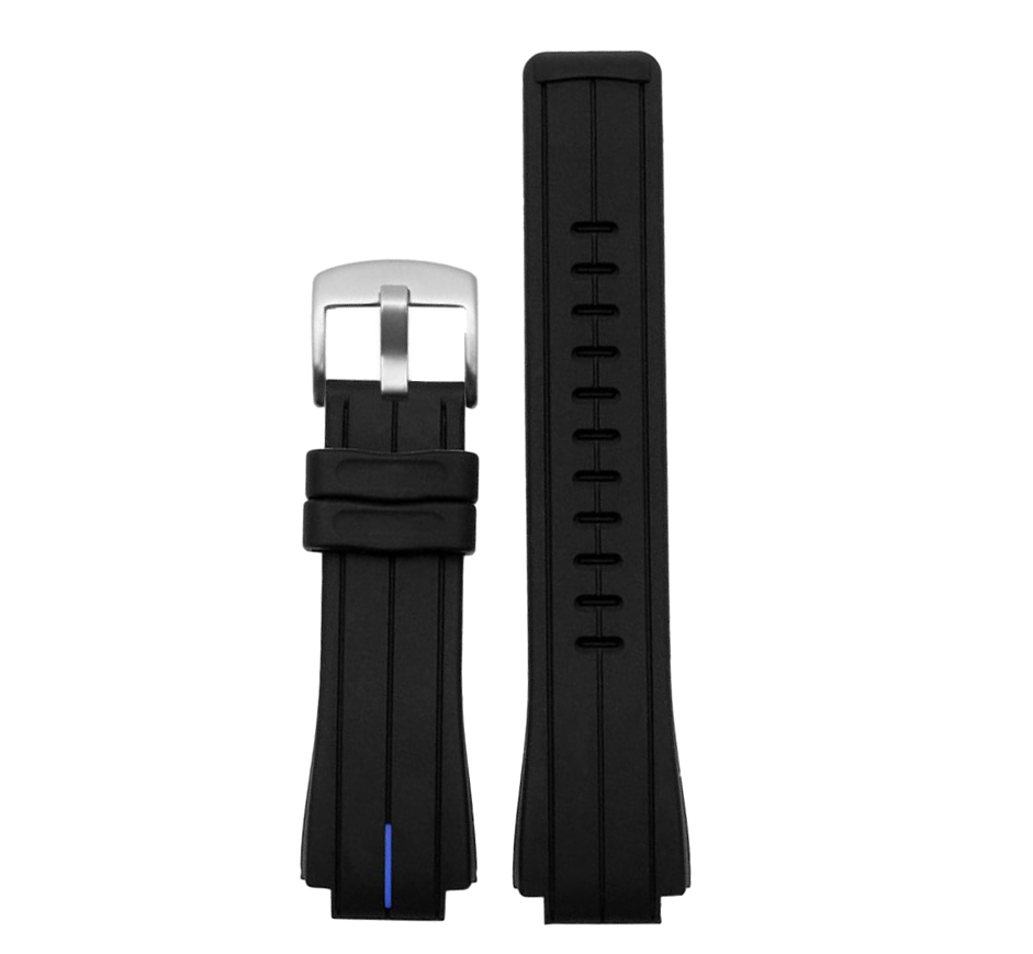 Black silicone watch band with blue centerline, silver buckle, available in 16mm and 24mm sizes