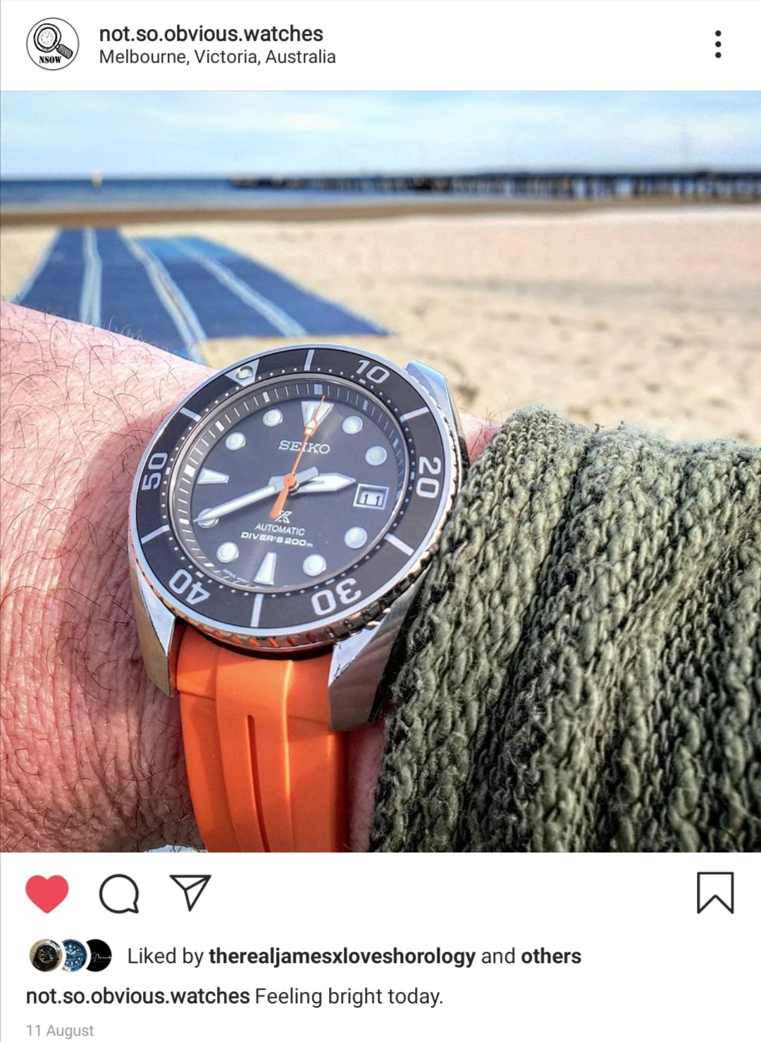Seiko automatic diver watch with black dial and orange rubber strap worn on wrist at beach