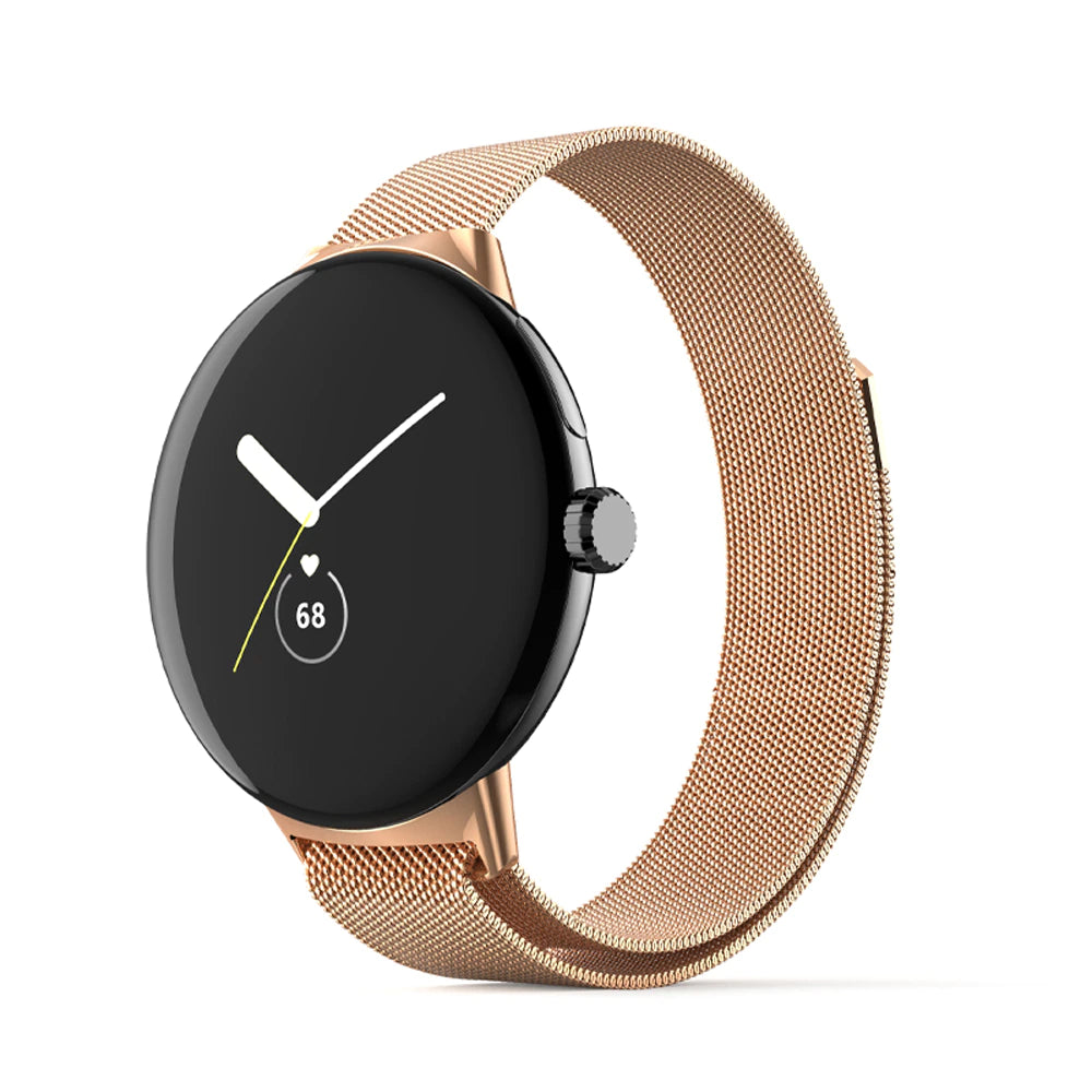 Rose gold Pixel Watch with black dial, minimalist hands, heart rate display showing 68 BPM, and magnetic mesh band